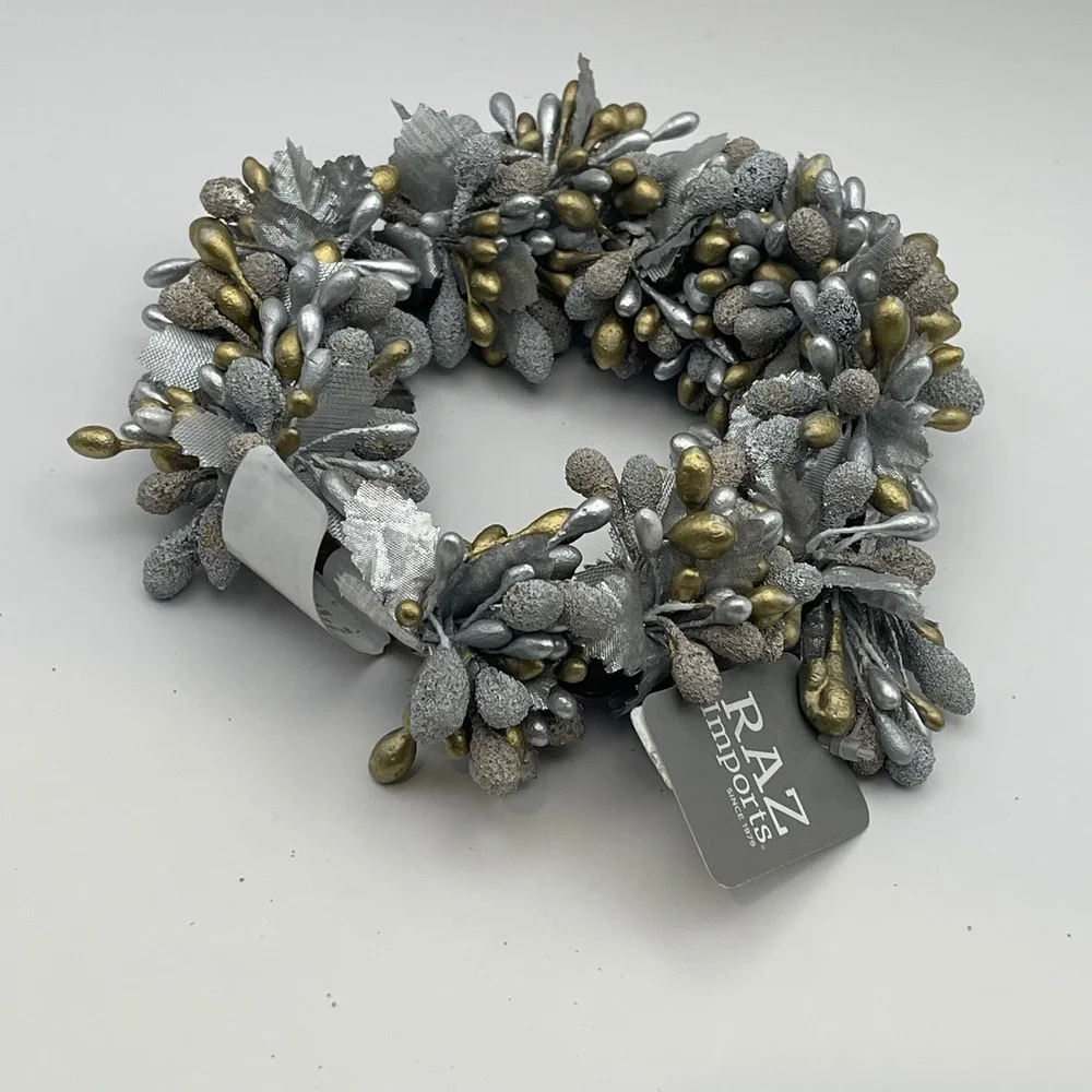 Raz Imports Silver Gold Glitter Berry Candle Ring Christmas Decor 6in NEW